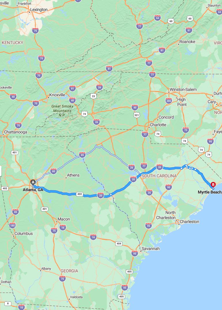 driving from Atlanta, Georgia to Myrtle BeachSouth Carolina - map and route