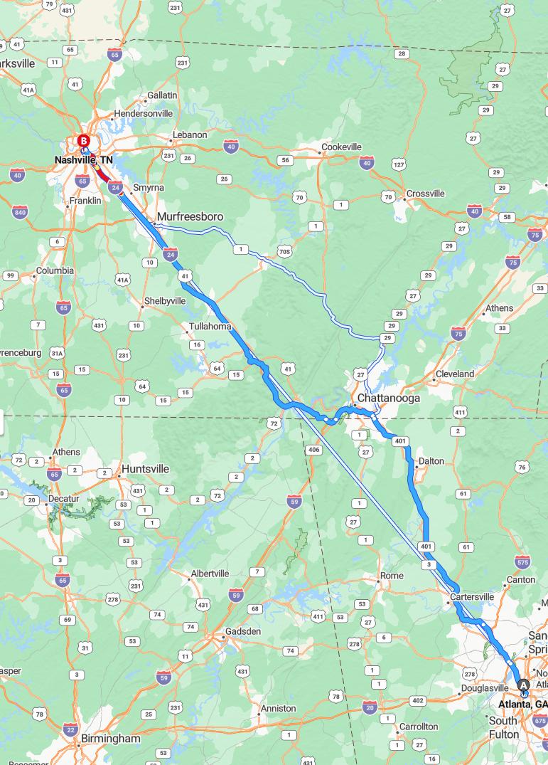 driving from Atlanta, Georgia to NashvilleTennessee - map and route
