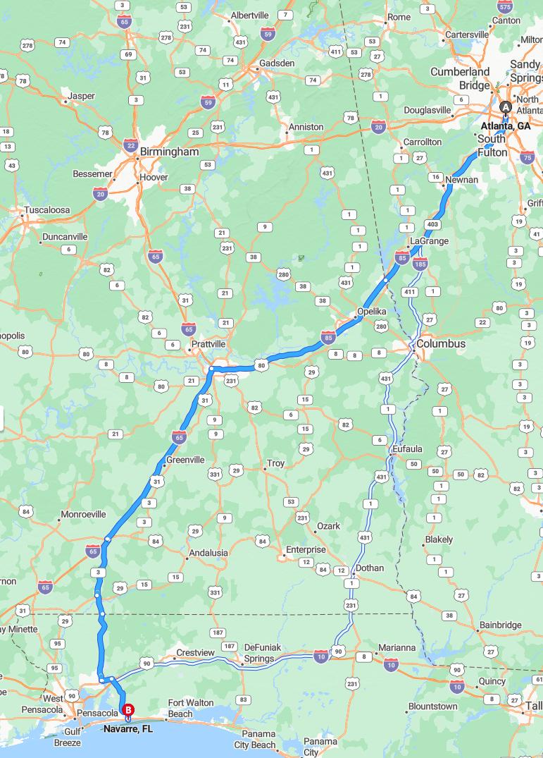 driving from Atlanta, Georgia to NavarreFlorida - map and route