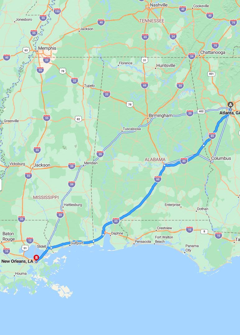 driving from Atlanta, Georgia to New OrleansLouisiana - map and route