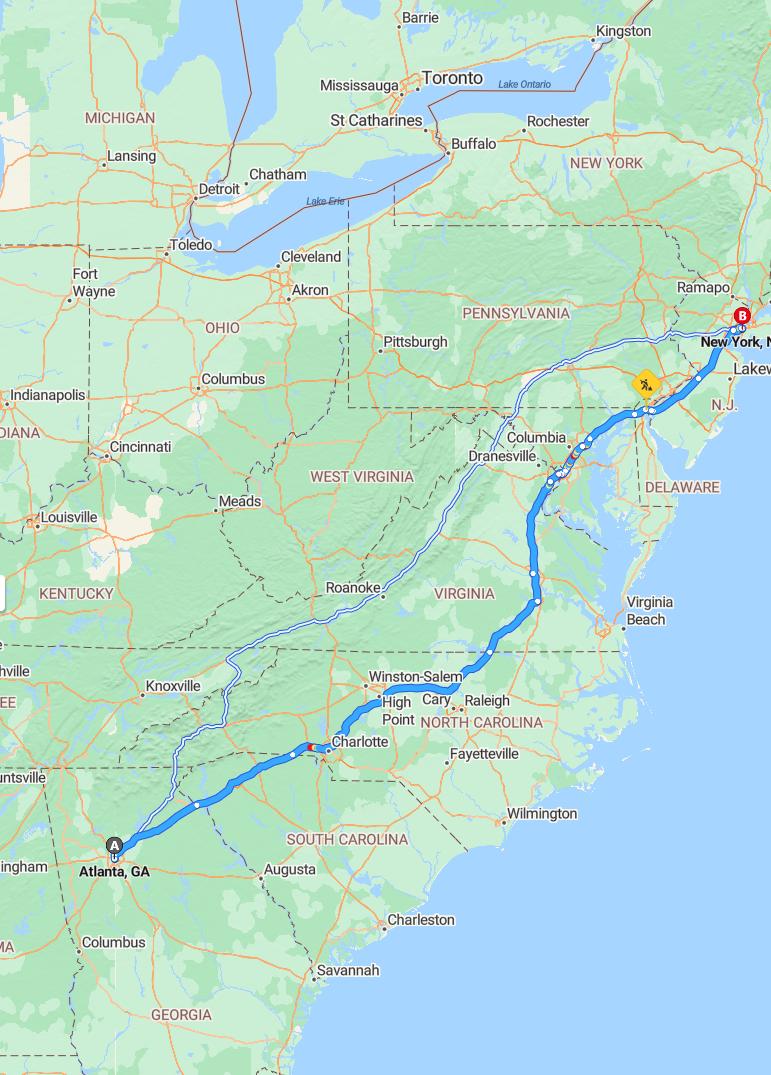 driving from Atlanta, Georgia to New YorkNew York - map and route