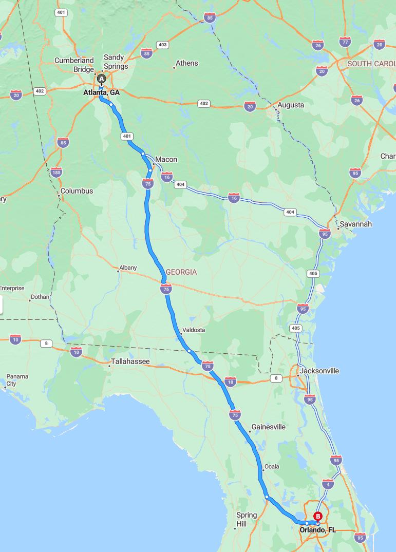 driving from Atlanta, Georgia to OrlandoFlorida - map and route