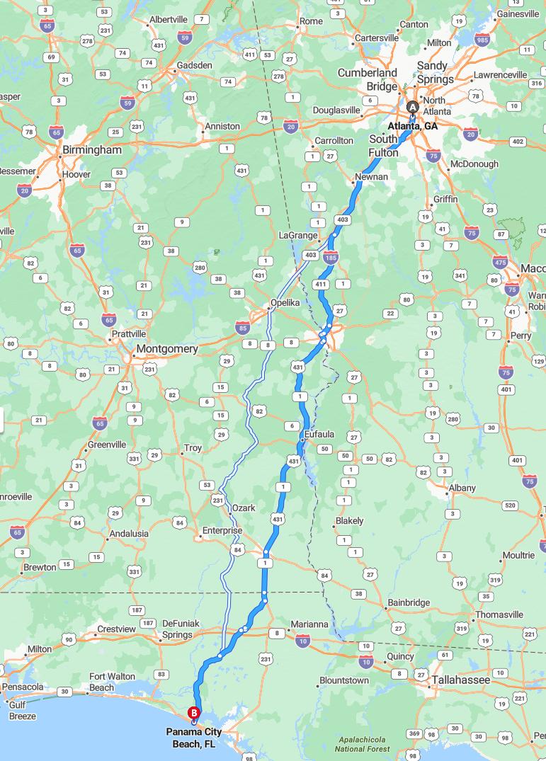 driving from Atlanta, Georgia to Panama City BeachFlorida - map and route