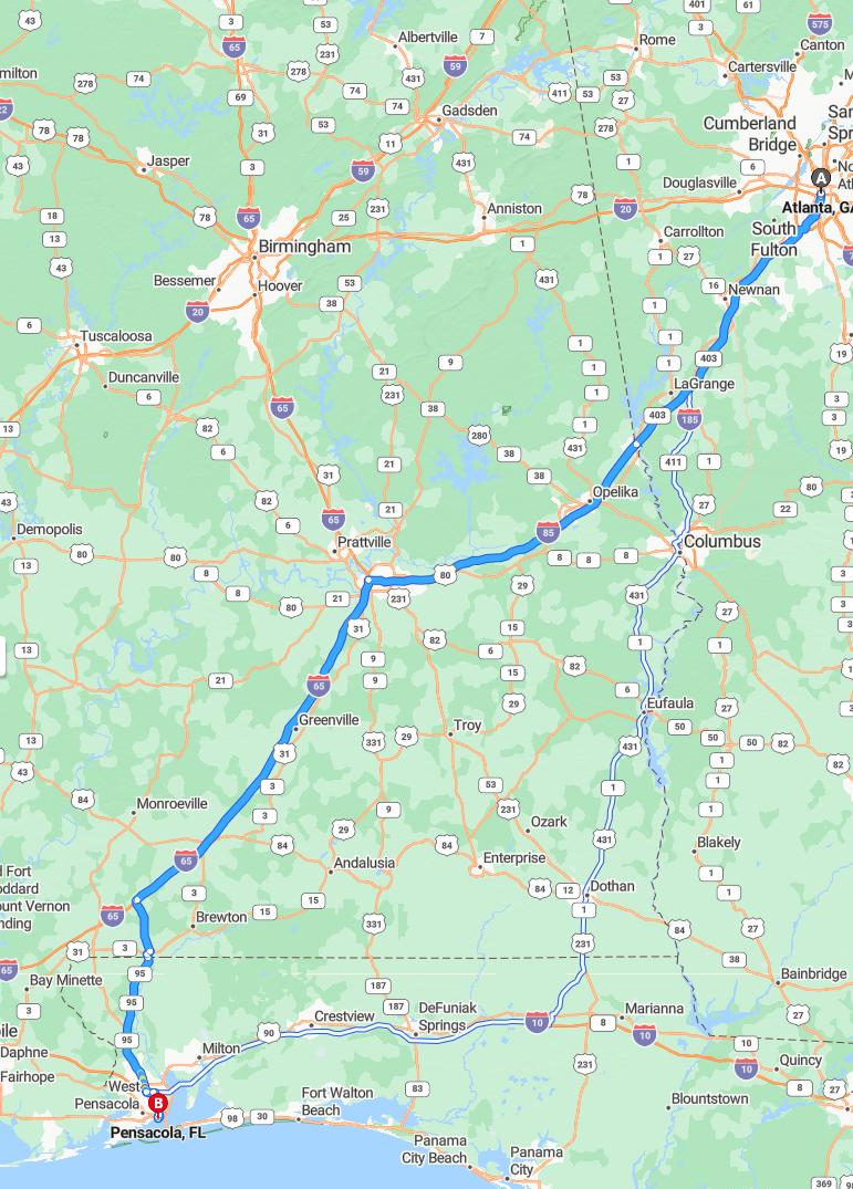 driving from Atlanta, Georgia to PensacolaFlorida - map and route