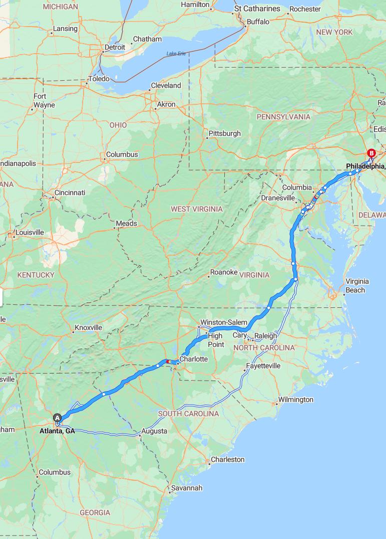 driving from Atlanta, Georgia to PhiladelphiaPennsylvania - map and route