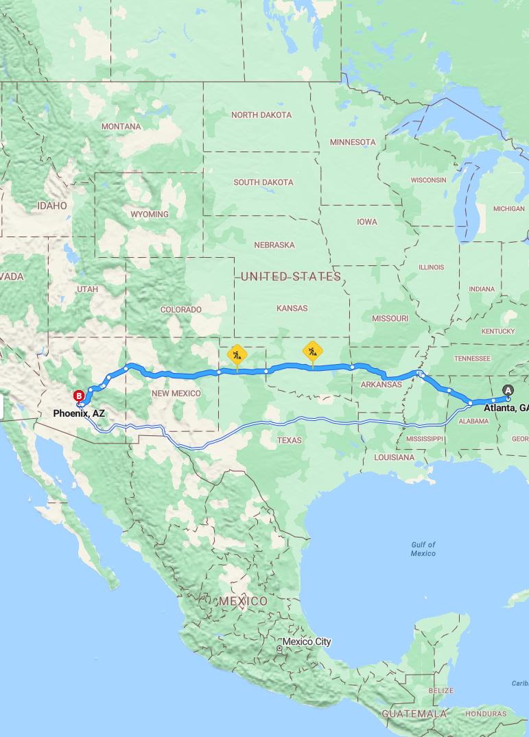 driving from Atlanta, Georgia to PhoenixArizona - map and route