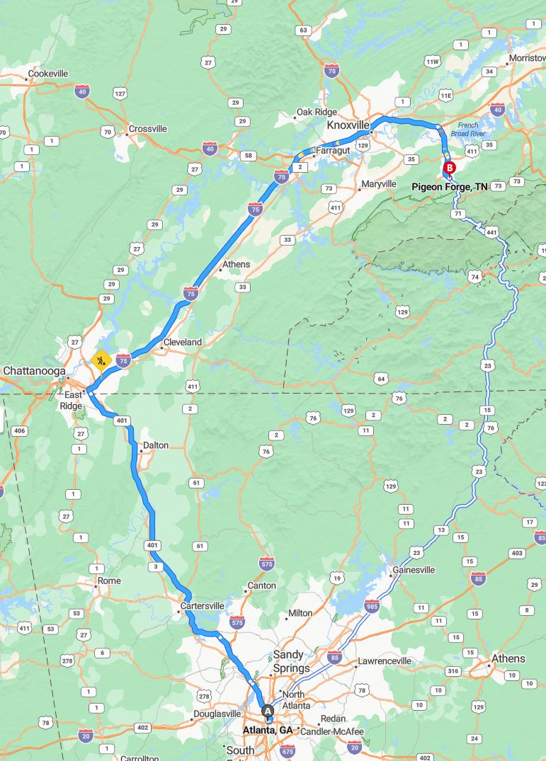 driving from Atlanta, Georgia to Pigeon ForgeTennessee - map and route