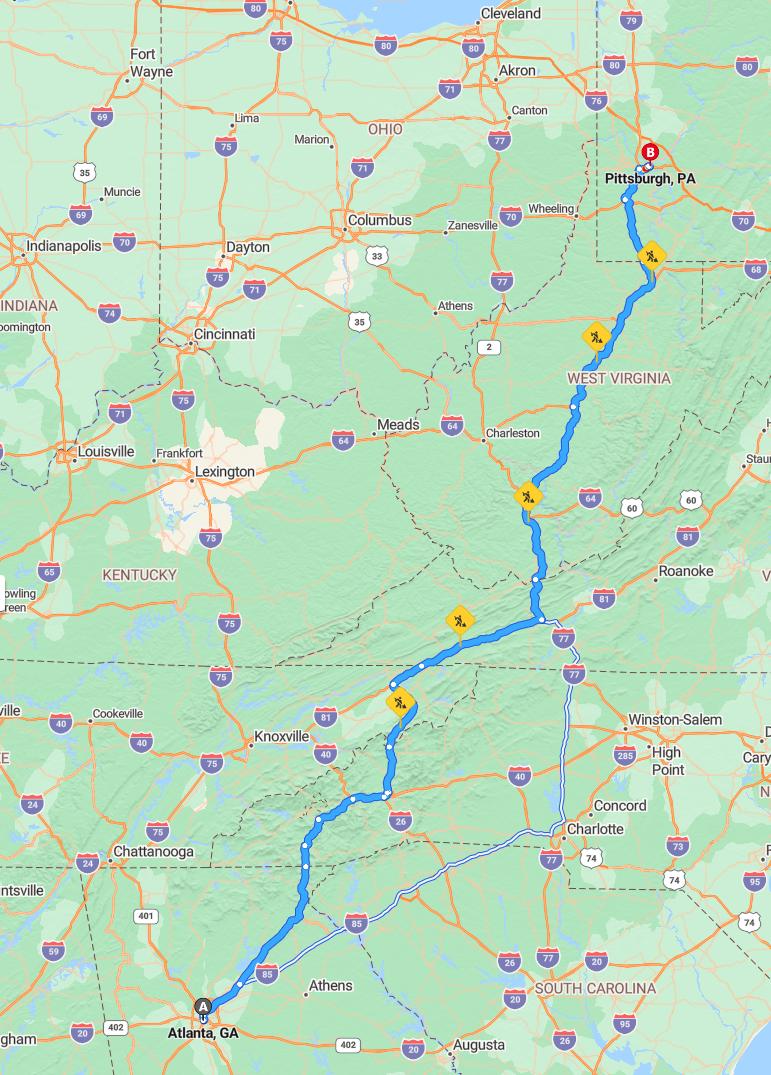 driving from Atlanta, Georgia to PittsburghPennsylvania - map and route