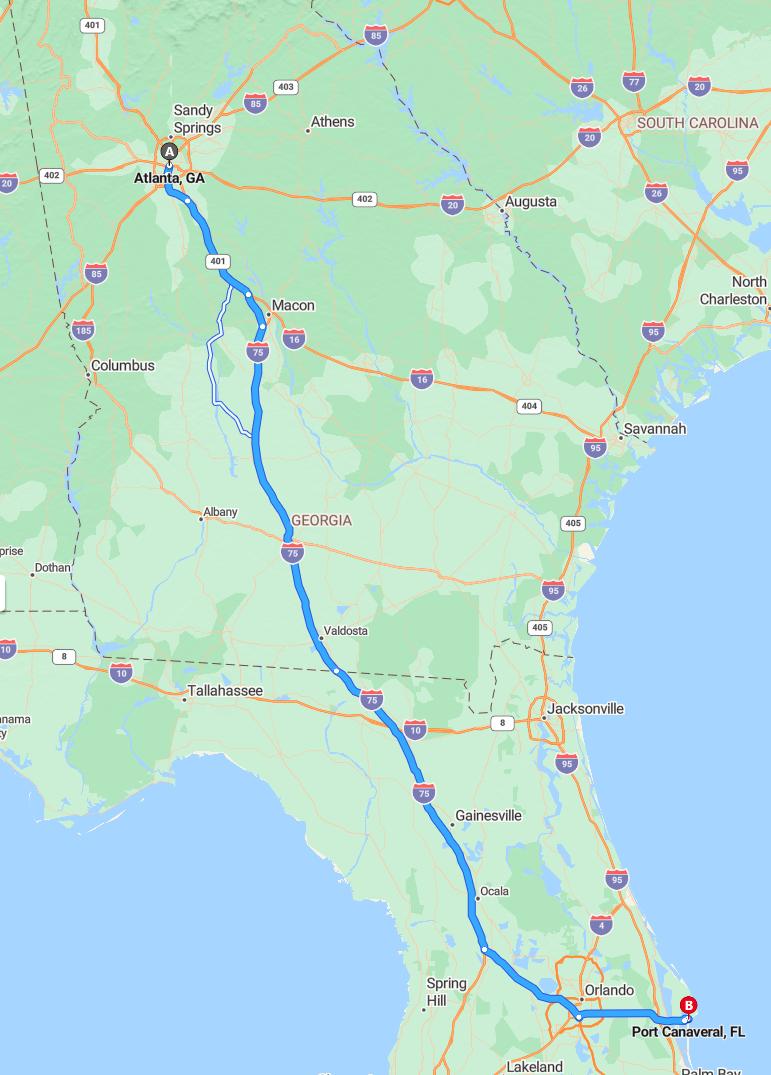 driving from Atlanta, Georgia to Port CanaveralFlorida - map and route