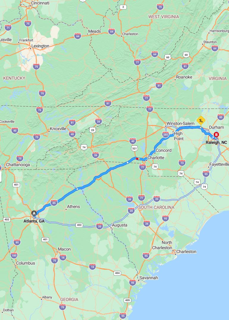 driving from Atlanta, Georgia to Raleigh DurhamNorth Carolina - map and route