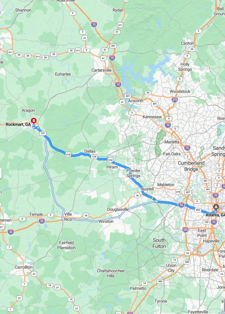 driving from Atlanta, Georgia to RockmartGeorgia - map and route