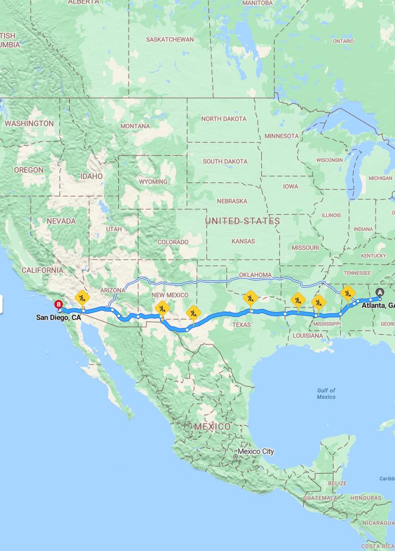 driving from Atlanta, Georgia to San DiegoCalifornia - map and route