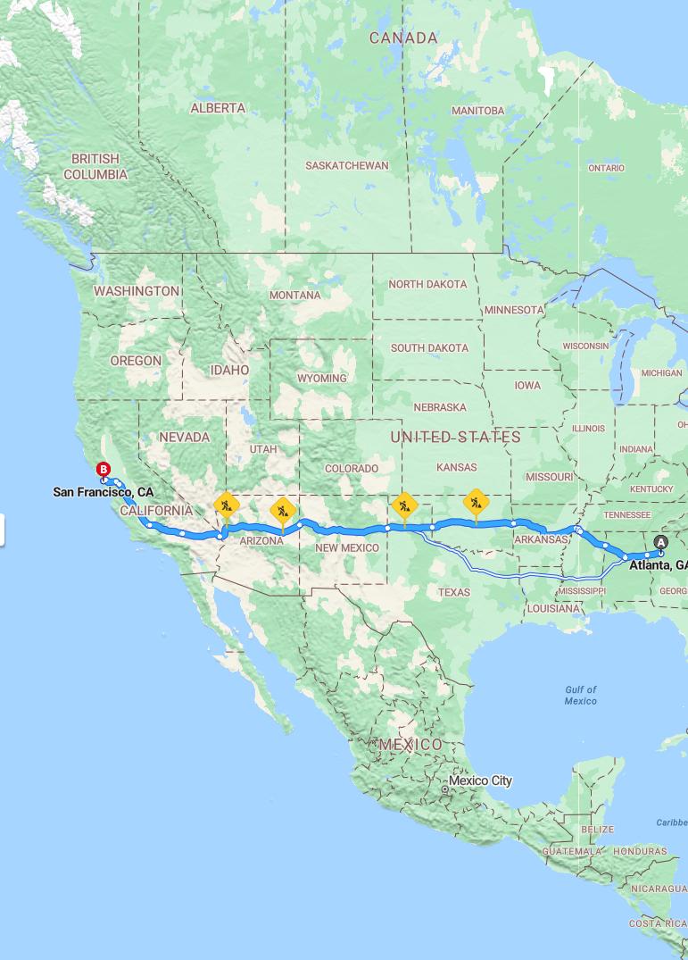 driving from Atlanta, Georgia to San FranciscoCalifornia - map and route