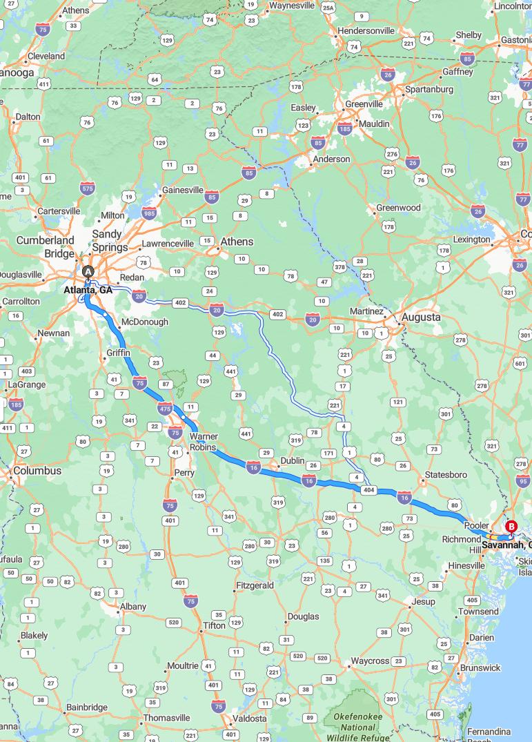 driving from Atlanta, Georgia to SavannahGeorgia - map and route