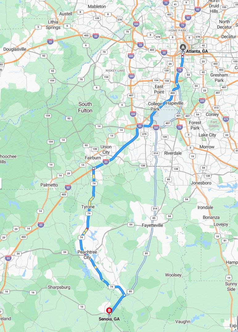 driving from Atlanta, Georgia to SenoiaGeorgia - map and route