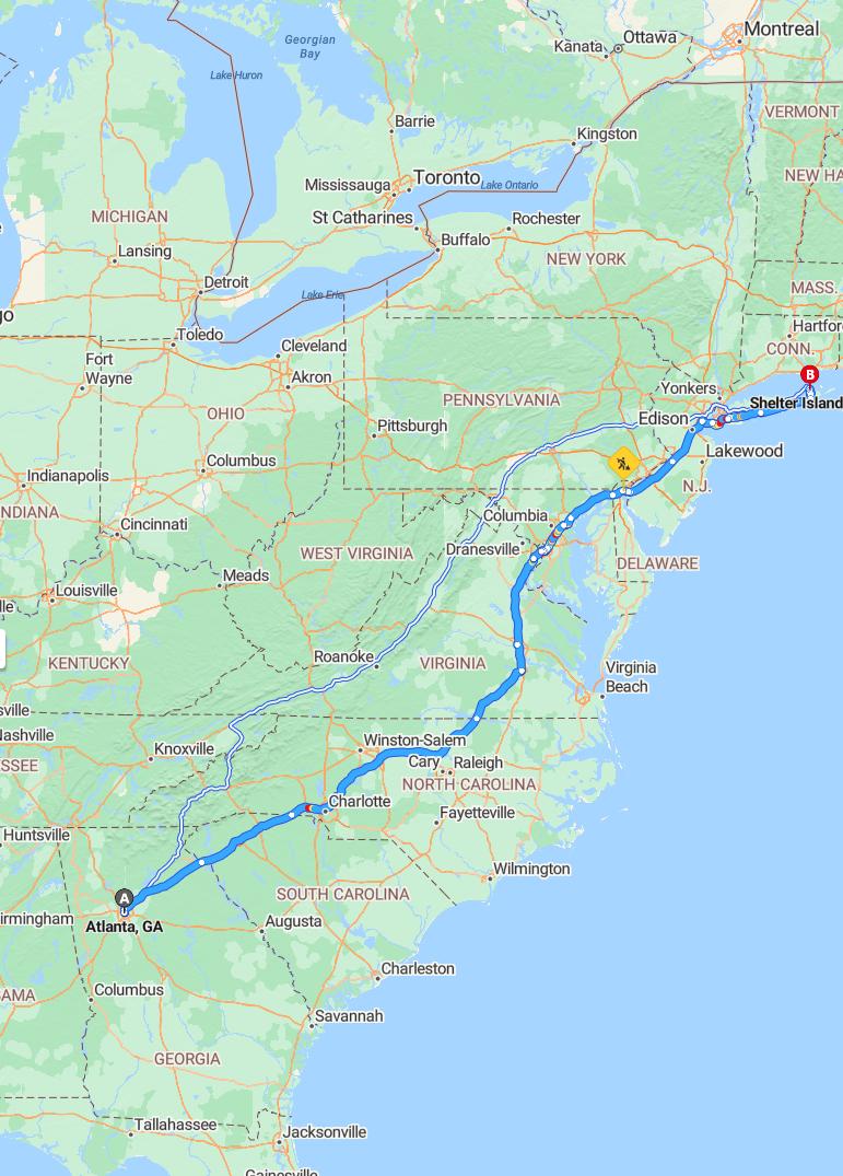 driving from Atlanta, Georgia to Shelter IslandNew York - map and route