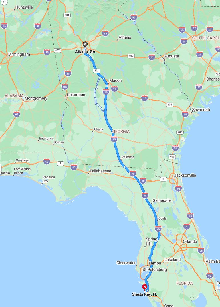 driving from Atlanta, Georgia to Siesta KeyFlorida - map and route