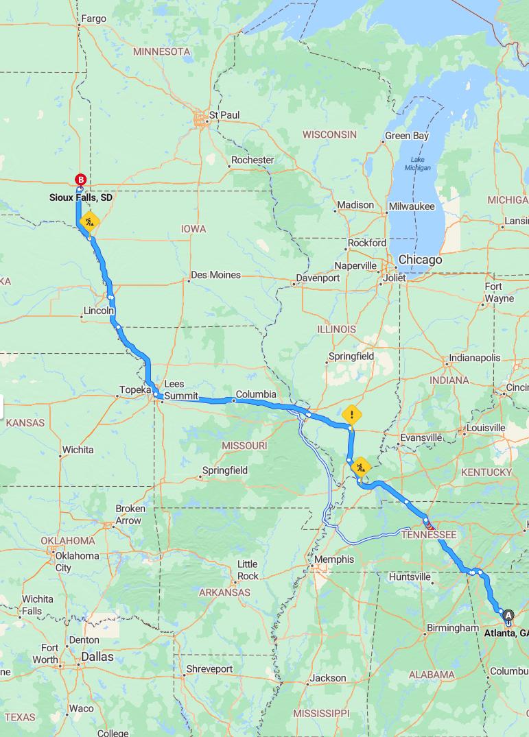 driving from Atlanta, Georgia to Sioux FallsSouth Dakota - map and route