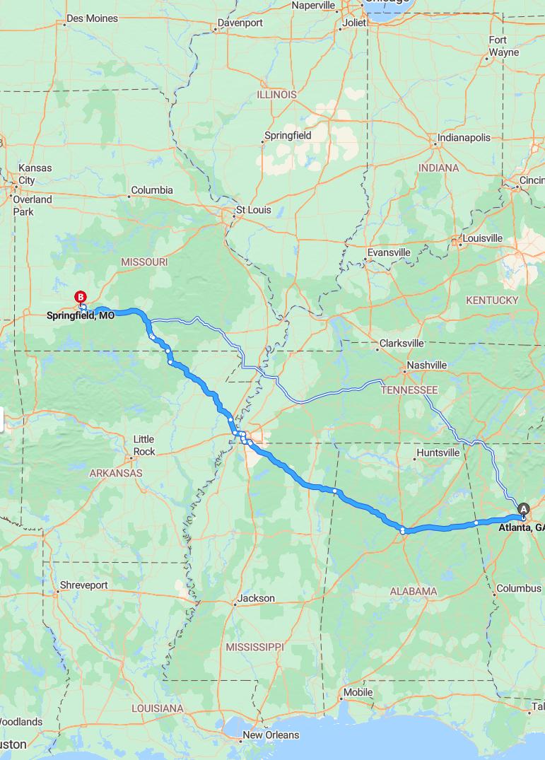driving from Atlanta, Georgia to SpringfieldMissouri - map and route