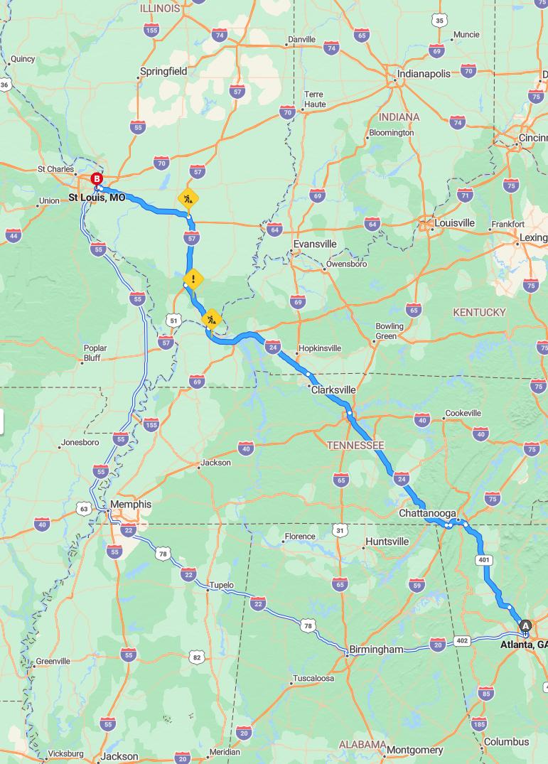 driving from Atlanta, Georgia to St. LouisMissouri - map and route