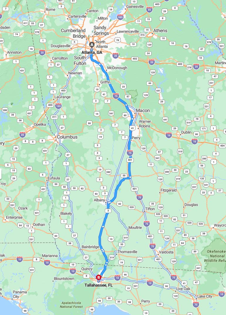 driving from Atlanta, Georgia to TallahasseeFlorida - map and route