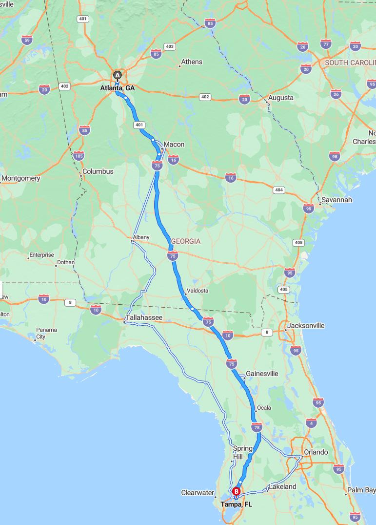 driving from Atlanta, Georgia to TampaFlorida - map and route