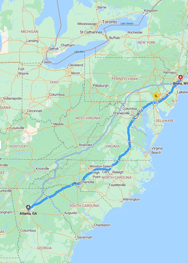 driving from Atlanta, Georgia to The BronxNew York - map and route