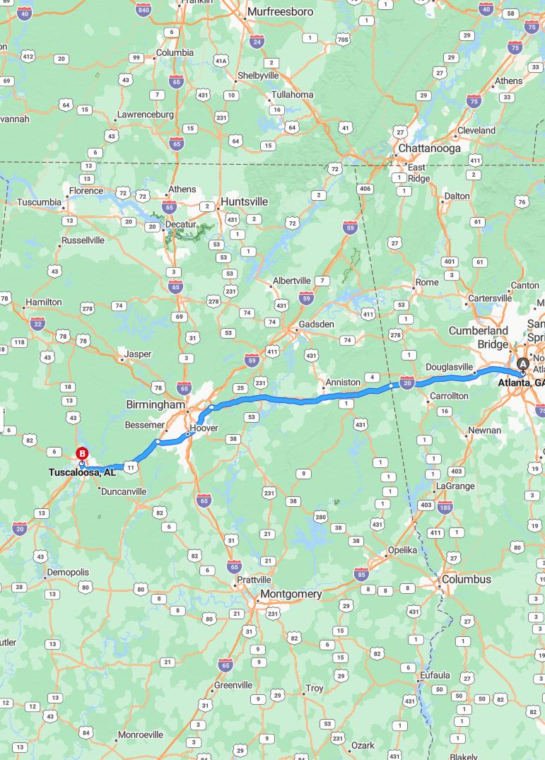 driving from Atlanta, Georgia to TuscaloosaAlabama - map and route