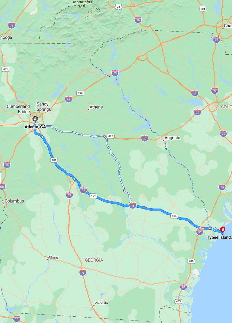 driving from Atlanta, Georgia to Tybee IslandGeorgia - map and route