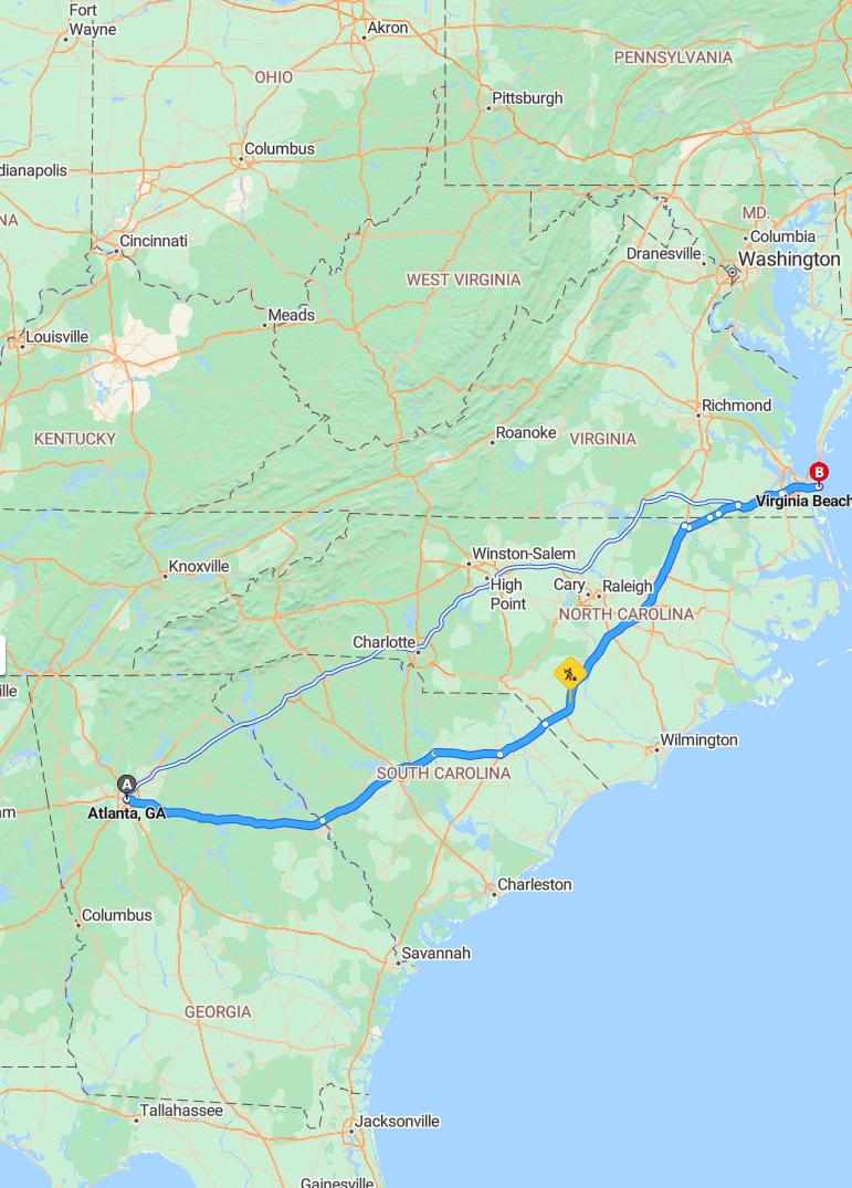 driving from Atlanta, Georgia to Virginia BeachVirginia - map and route