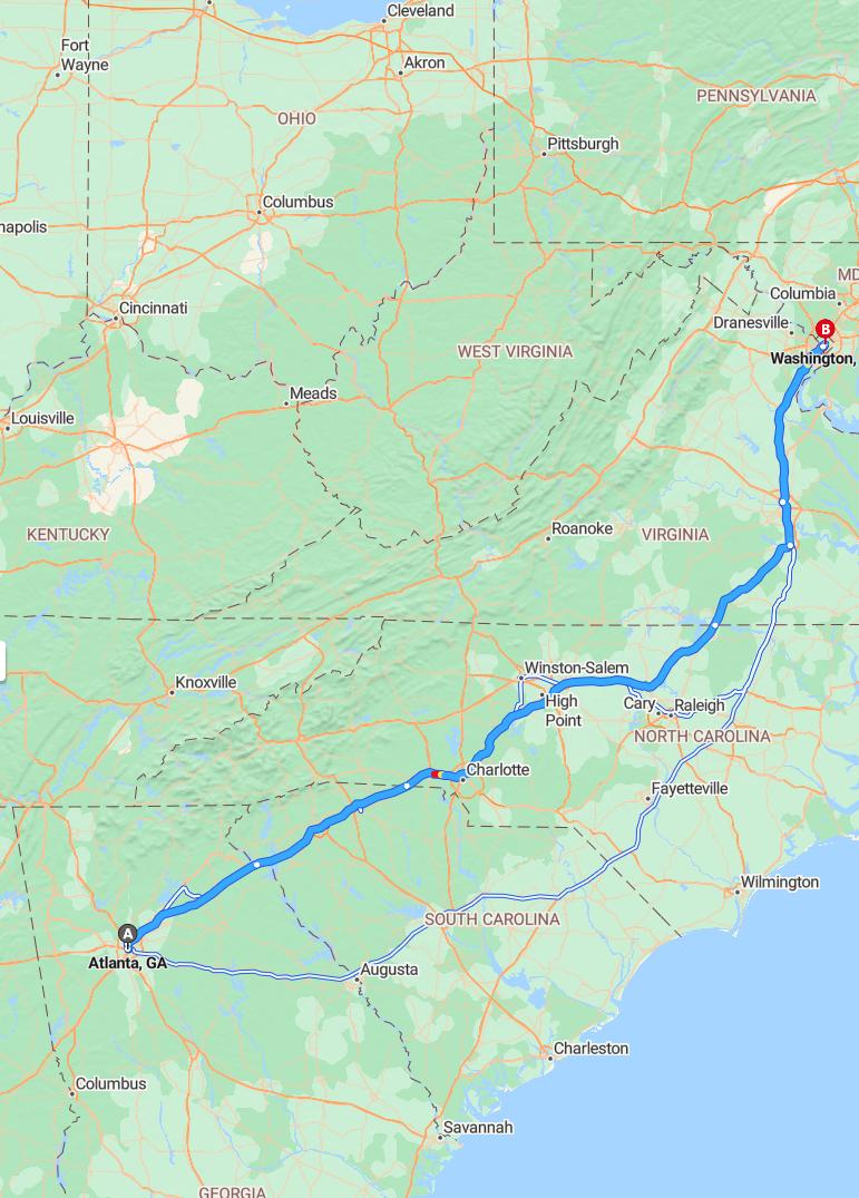driving from Atlanta, Georgia to WashingtonDistrict of Columbia - map and route