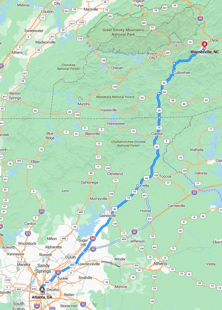 driving from Atlanta, Georgia to WaynesvilleNorth Carolina - map and route