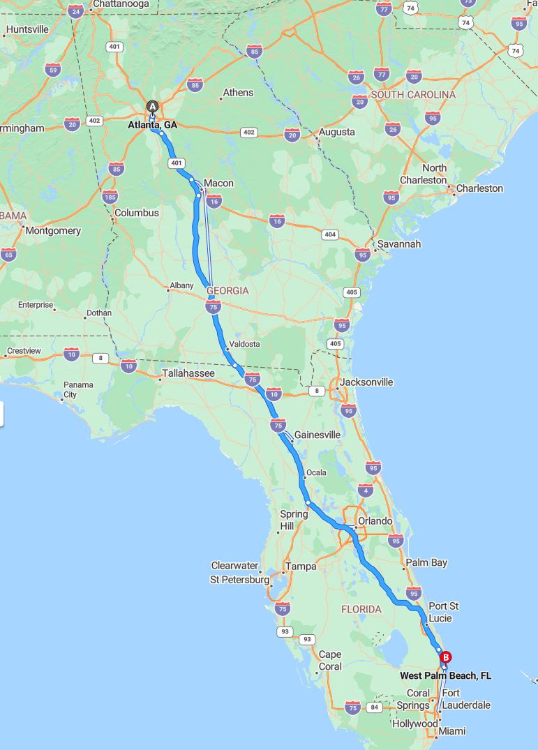 driving from Atlanta, Georgia to West Palm BeachFlorida - map and route