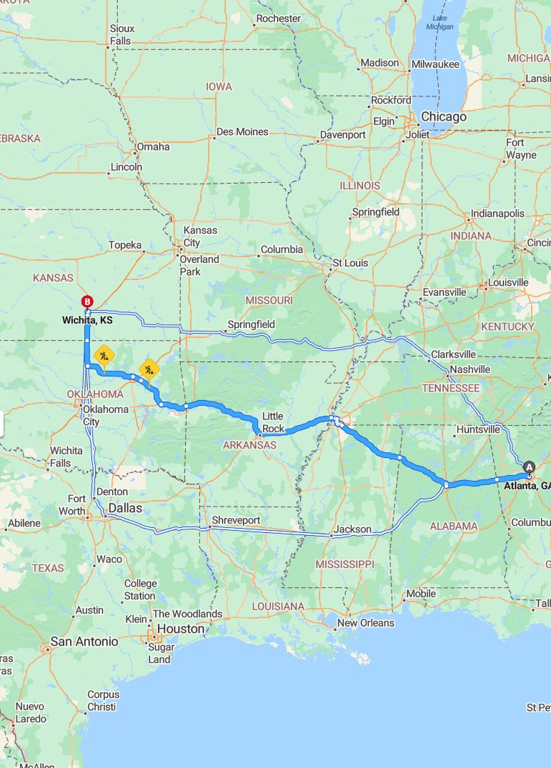 driving from Atlanta, Georgia to WichitaKansas - map and route