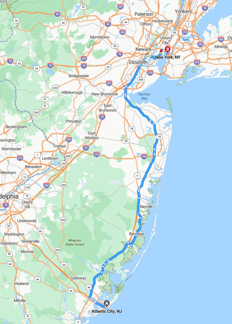 driving from Atlantic City, New Jersey to New YorkNew York - map and route