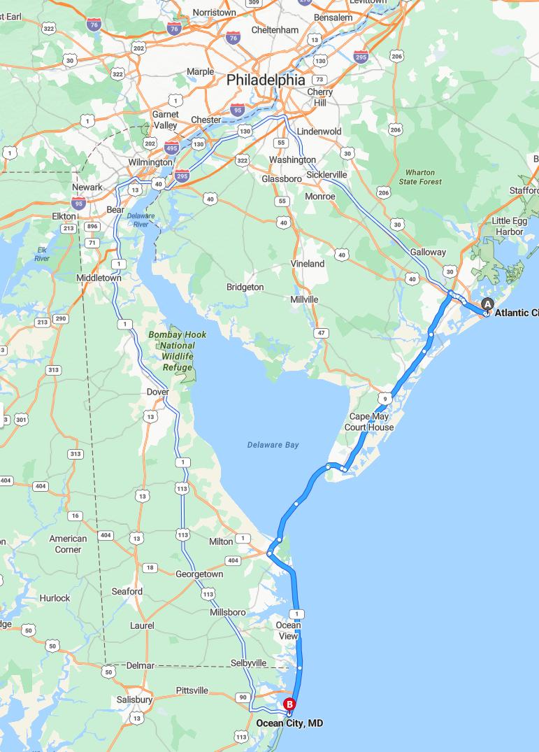 driving from Atlantic City, New Jersey to Ocean CityMaryland - map and route