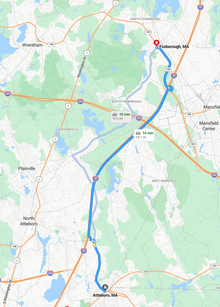 driving from Attleboro, Massachusetts to FoxboroughMassachusetts - map and route
