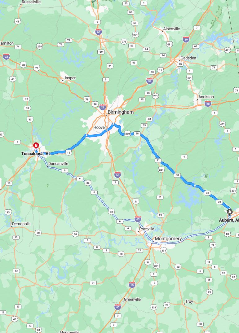 driving from Auburn, Alabama to TuscaloosaAlabama - map and route