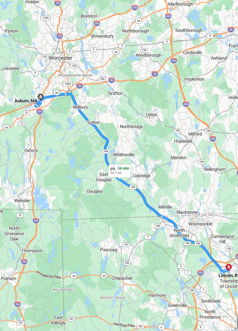 driving from Auburn, Massachusetts to LincolnRhode Island - map and route