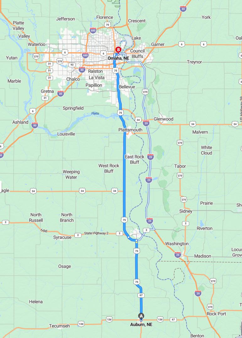 driving from Auburn, Nebraska to OmahaNebraska - map and route