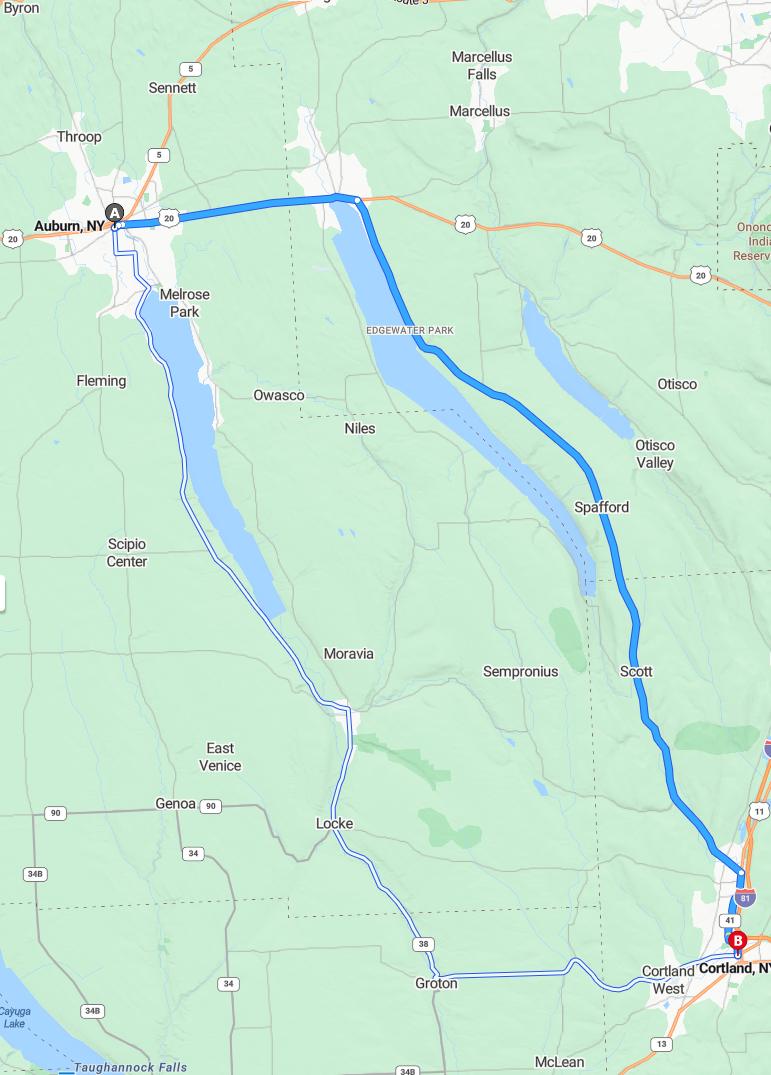 driving from Auburn, New York to CortlandNew York - map and route
