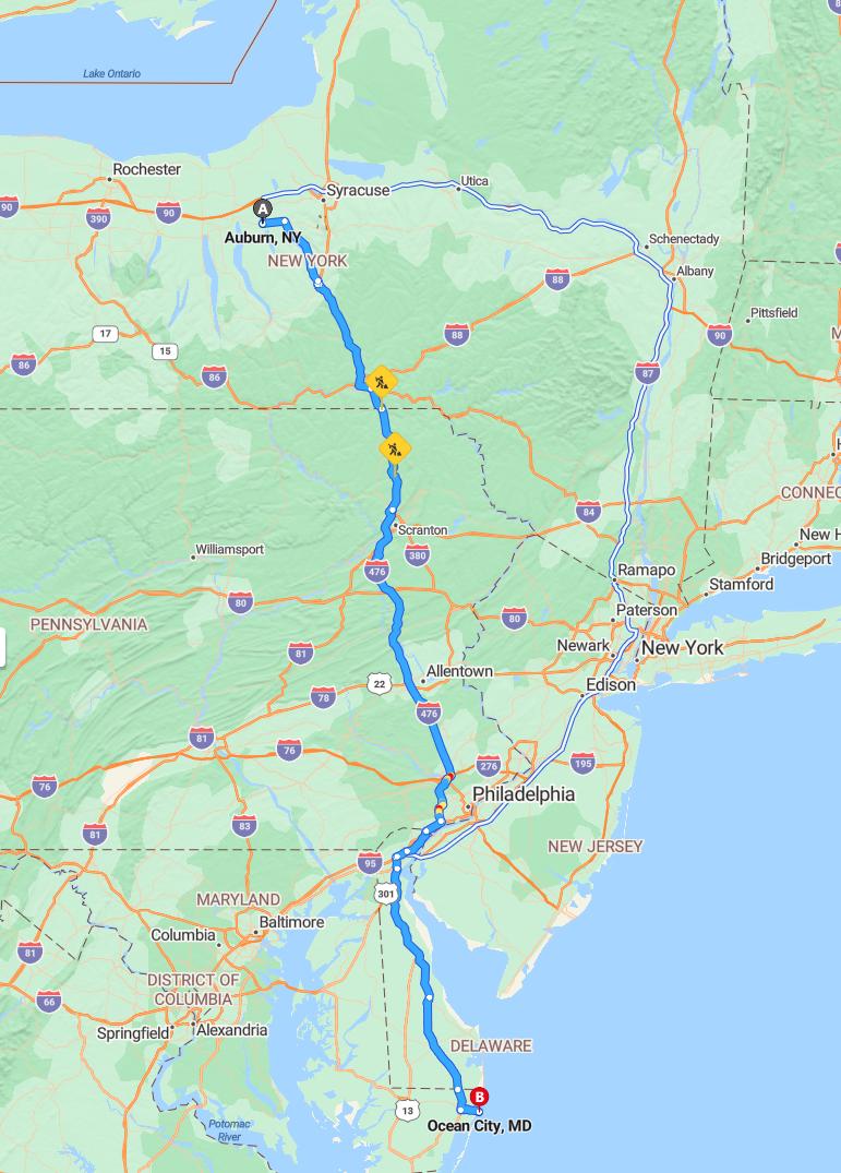 driving from Auburn, New York to Ocean CityMaryland - map and route