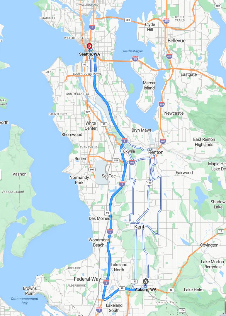 driving from Auburn, Washington to SeattleWashington - map and route