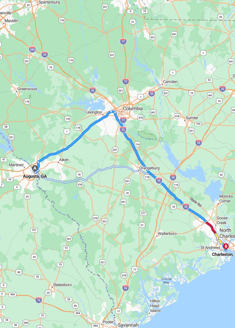 driving from Augusta, Georgia to CharlestonSouth Carolina - map and route