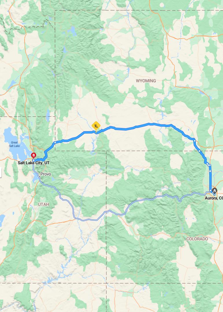 driving from Aurora, Colorado to Salt Lake CityUtah - map and route