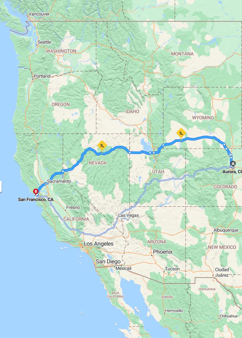 driving from Aurora, Colorado to San FranciscoCalifornia - map and route