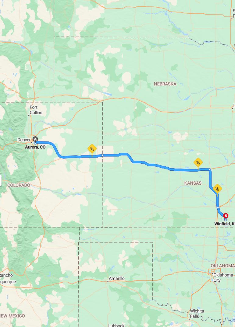 driving from Aurora, Colorado to WinfieldKansas - map and route