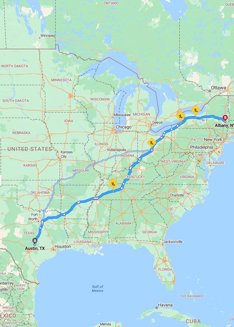 driving from Austin, Texas to AlbanyNew York - map and route