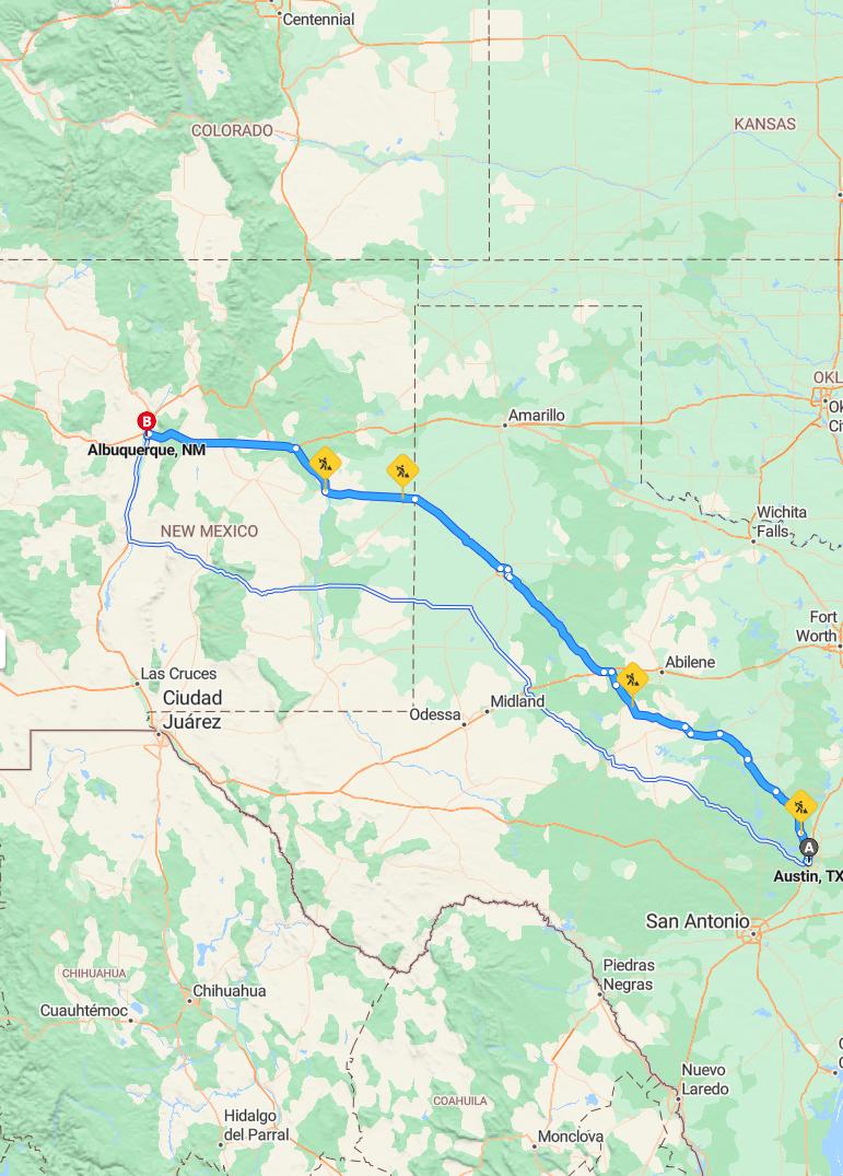 driving from Austin, Texas to AlbuquerqueNew Mexico - map and route