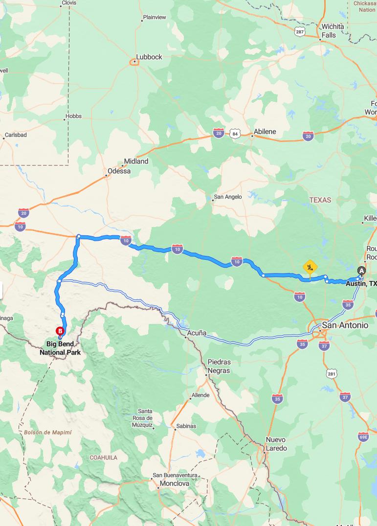 driving from Austin, Texas to Big BendTexas - map and route
